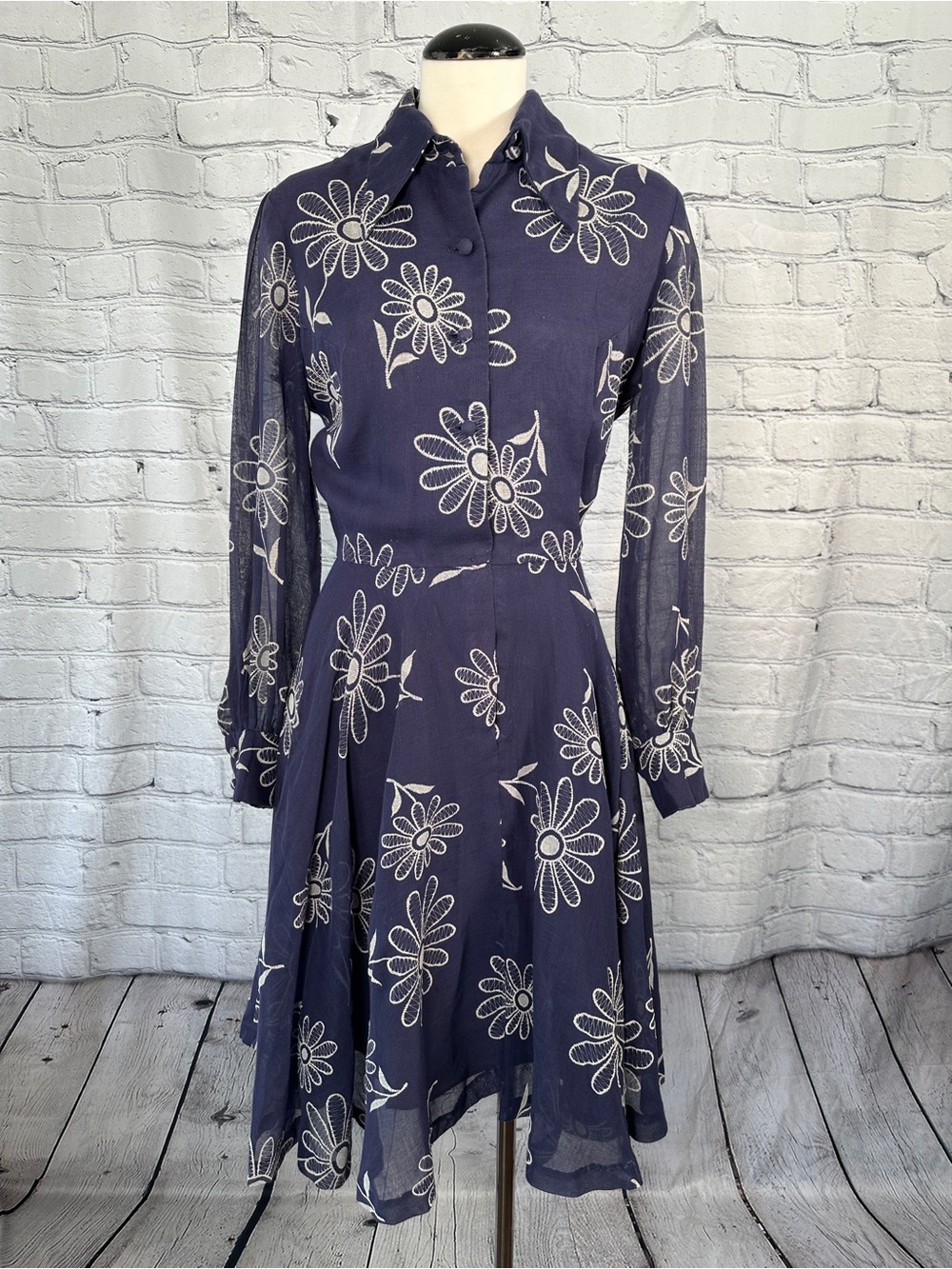 Vintage 70s Indigo Voile Shirtdress Dagger Collar L/S Sheer Fit & Flare Midi M/L